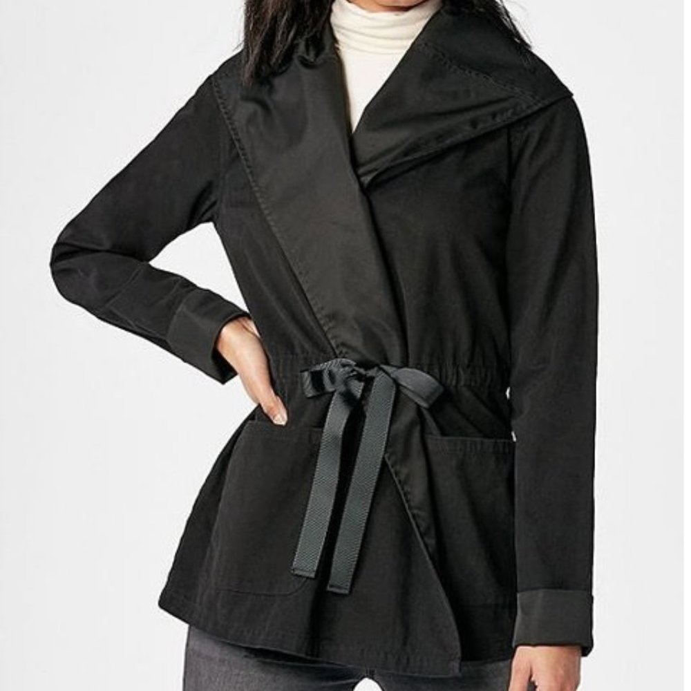 NWT Black Shawl Collar Lightweight Soft Cotton Twill Snap Jacket with po…